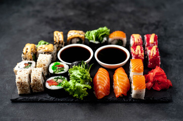 Sushi set on a stone background. Japanese food
