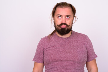 Obraz premium Bearded man with mustache and long hair against white background