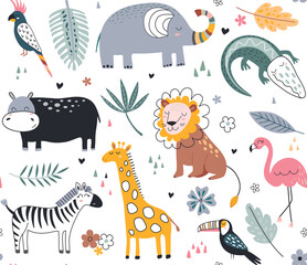 Cute vector seamless pattern with safari animals and tropical plants - obrazy, fototapety, plakaty