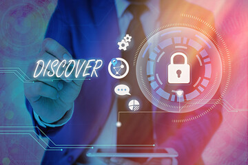 Word writing text Discover. Business photo showcasing obtain sight or knowledge of for the first...