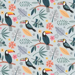 Wall murals Jungle  children room Cute vector seamless pattern with exotic birds, parrot, toucan and tropical plants.