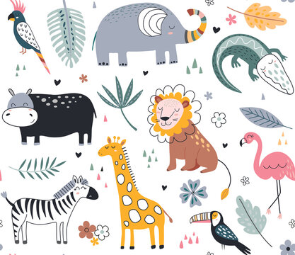 Cute Vector Seamless Pattern With Safari Animals And Tropical Plants