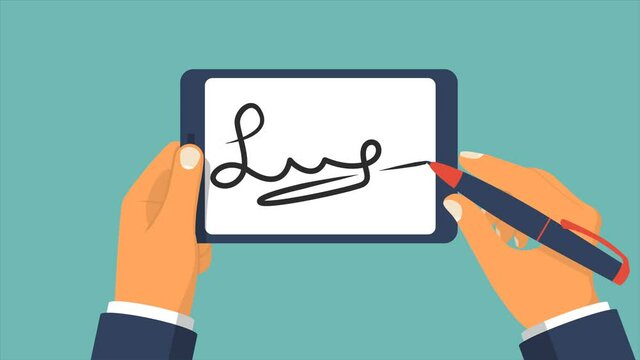 Digital signature on tablet. Businessman hands holding tablet for signature. Modern business. Tablet with stylus pen. New modern generation. Video animation footage.