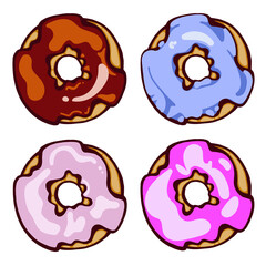 Colorful delicious cute glazed donuts isolated on white background, vector illustration