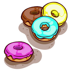 Colorful delicious cute glazed donuts isolated on white background, vector illustration