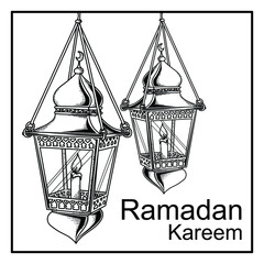 black and white hand drawn illustration design double ramadan kareem lantern premium vector