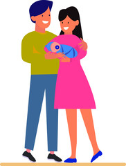 Cute vector illustration. Husband and wife are standing with the baby. The husband gently embraces his wife. A woman stands with a newborn. Family idyll