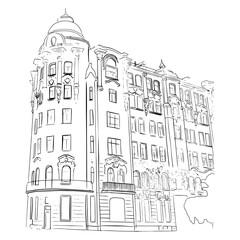 Naklejka premium Outline sketch of classic style building in doodle style. Perspective view. Vector illustration