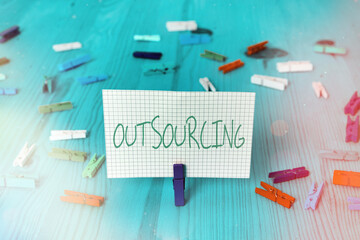 Conceptual hand writing showing Outsourcing. Concept meaning obtain goods or a service from an...