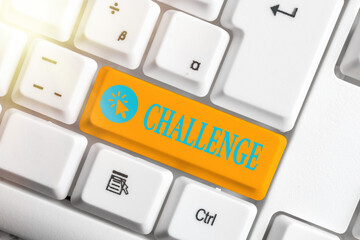 Word writing text Challenge. Business photo showcasing process of provoking or testing physiological activity by exposure Different colored keyboard key with accessories arranged on empty copy space
