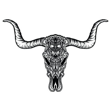 tattoo and t-shirt design black and white hand drawn bull skull engraving ornament premium vector