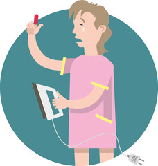 Childhood injuries: a child stands and holds an iron in his hands, cries, burned his finger. Child safety: do not touch hot objects, play with the iron. Vector illustration. Flat infographics