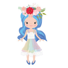 Vector Illustration Beautiful Cute Little Girl. Elegant adorable girl with long hair in a multi-colored dress. unicorn horn