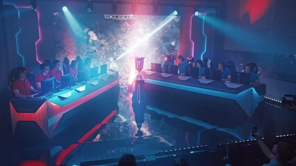 Two Esport Teams of Pro Gamers Play in RPG Strategy Video Game on a Championship Arena, Team Wins Round and Celebrates with High-Fives.Big Screen Showing Mock-up Gameplay. Cyber Games Tournament Event