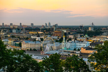 Evening view of the old Podil district of the Kyiv city, Ukraine, July 2020