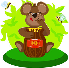 Character Bear eating honey out of a barrel. Sweet, nutritious and delicious honey concept.