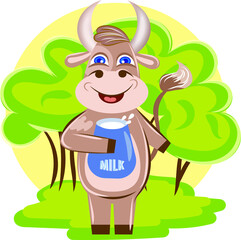 Obraz na płótnie Canvas Cartoon vector illustration with a cow in a meadow. The hero in the picture holds a jug of milk.