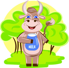 Cartoon vector illustration with a cow in a meadow. The hero in the picture holds a jug of milk.