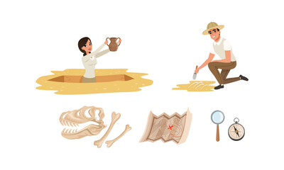 Archaeologists Working on Excavations, Man and Woman Scientists with Professional Equipment Set Cartoon Style Vector Illustration - obrazy, fototapety, plakaty