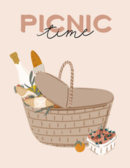 Summer picnic: fruits, berries, cake, hotdog, sandwich, bbq grill, coffee, ice cream, pie. Top view. Icon set flat design of picnic items. For banners, posters, promotion, presentation templates