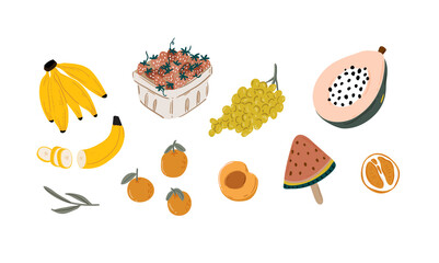 Summer picnic: fruits, berries, cake, hotdog, sandwich, bbq grill, coffee, ice cream, pie. Top view. Icon set flat design of picnic items. For banners, posters, promotion, presentation templates
