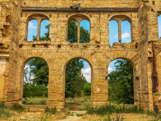 The ruins of an ancient house in Odessa, Ukraine. Historic building destroyed by vandals of the proletariat during a revolution in Russia in the 20th century.