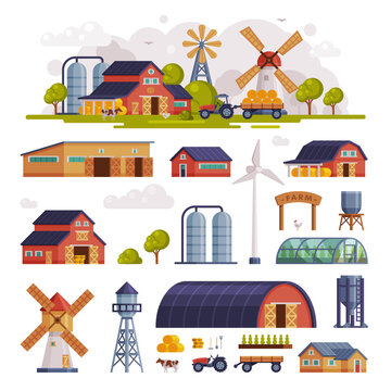 Rural Buildings and Agricultural Objects Set, Summer Farm Scene, Agriculture and Farming Concept Cartoon Vector Illustration