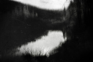 River in the Forest, Spooky Grunge Landscape, Old Photo Effect