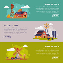 Nature Farm Landing Page Templates Set, Summer Farm Landscape, Rural Scenery Website, Homepage Vector Illustration
