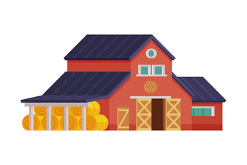 Red House Barn with Hay Bales, Traditional Wooden Agricultural Building Cartoon Vector Illustration