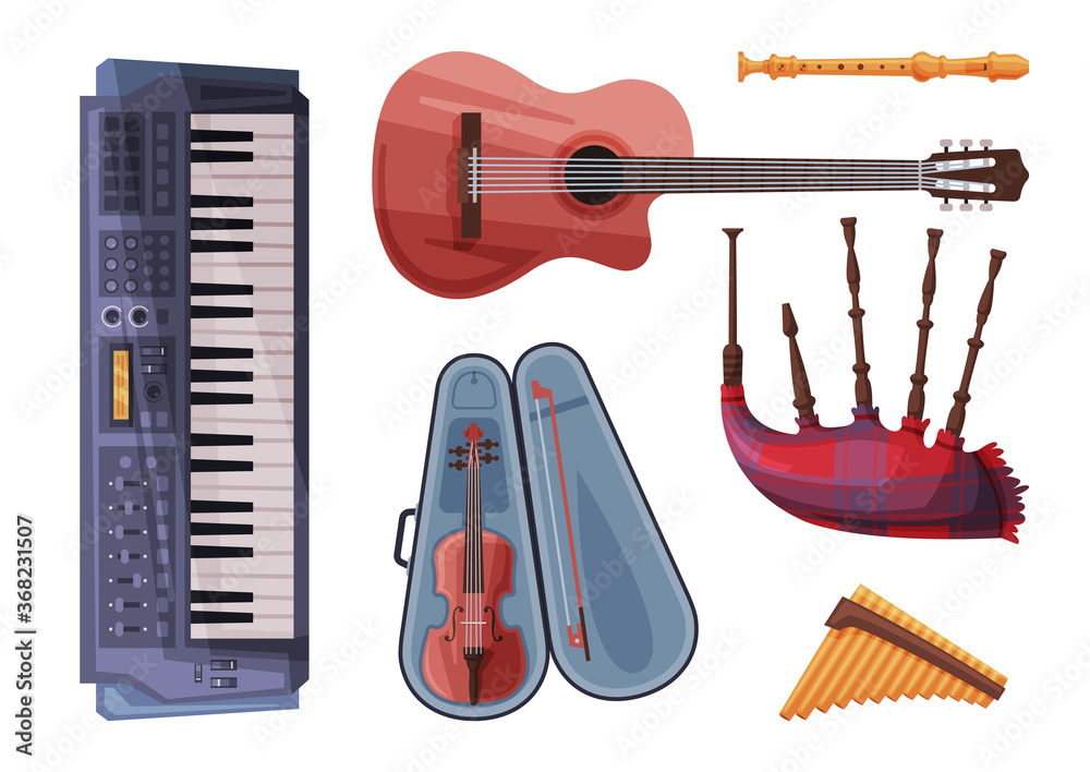 Sticker Musical Instruments Set, Harmonica, Flute, Violin in Case, Bagpipe, Clarinet, Synthesizer Flat Style Vector Illustration