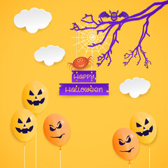 happy halloween banner design, illustration vector with paper cut style.