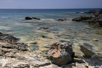 Long exposure of the sea and rocks on the coast of the Mediterranean Island of Corsica.  Nonza.