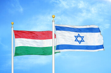 Hungary and Israel two flags on flagpoles and blue cloudy sky