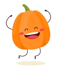 Cheerful pumpkin jumping. Vector illustration in flat cartoon style.