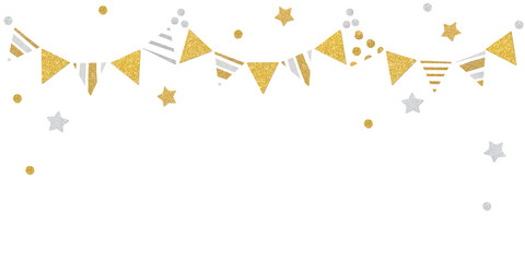 Gold and silver bunting paper cut on white background - isolated
