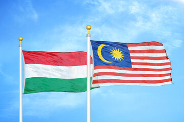 Hungary and Malaysia two flags on flagpoles and blue cloudy sky