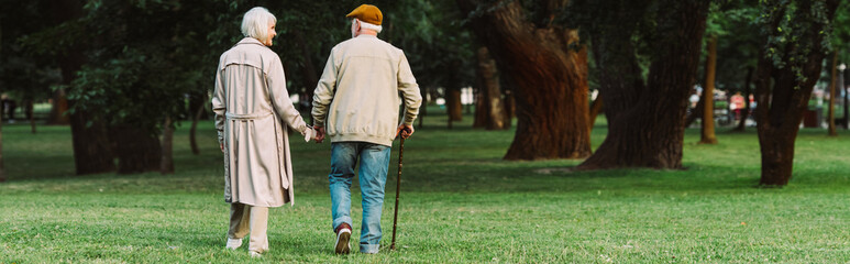Panoramic crop of senior couple walking on grass in park