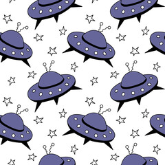 Seamless pattern with Flying Saucers, UFO. Vector background and texture for fabric, wrapping, wallpaper, textile, apparel, cover