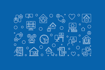 Home Office vector concept outline horizontal illustration or banner on blue background