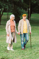 Smiling elderly couple holding hands while walking on grassy meadow in park