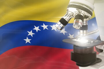 Venezuela science development concept - microscope on flag background. Research in genetics or healthcare 3D illustration of object