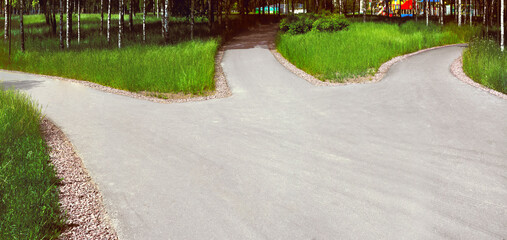 Divergence of paths: a wide asphalt road in the park is divided into three alleys, diverging in different directions