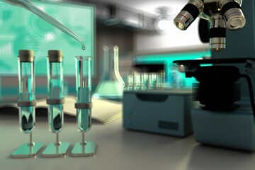 lab test-tubes in microbiology research office - potable water quality test for bacteria concept, medical 3D illustration