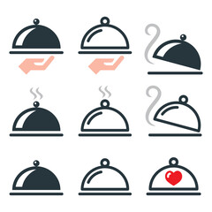 Dinner, food platter with tasty restaurant meal vector icons set 
