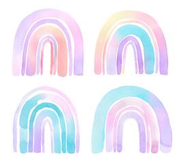Watercolor set of hand painted rainbows in unicorn colors. Holographic illustration isolated on white background. Design for logo, baby textile, print, childish poster, nursery decor or kids room.