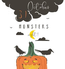 Obraz premium Hand drawn vector abstract cartoon Happy Halloween illustration poster with ravens,pumpkin,moon and modern calligraphy phase 31 october monsters night isolated on white background