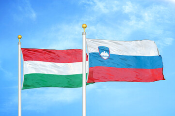 Hungary and Slovenia two flags on flagpoles and blue cloudy sky