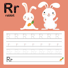 R, rabbit, Alphabet tracing worksheet for preschool , vector, illustration 