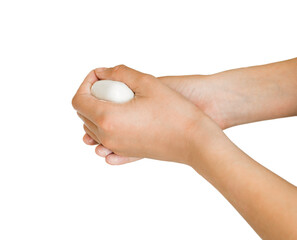 Human hands with soap isolated on white background. Hand washing. Foam. Cleansing. Sanitation. Protection from germs and viruses. Health care.